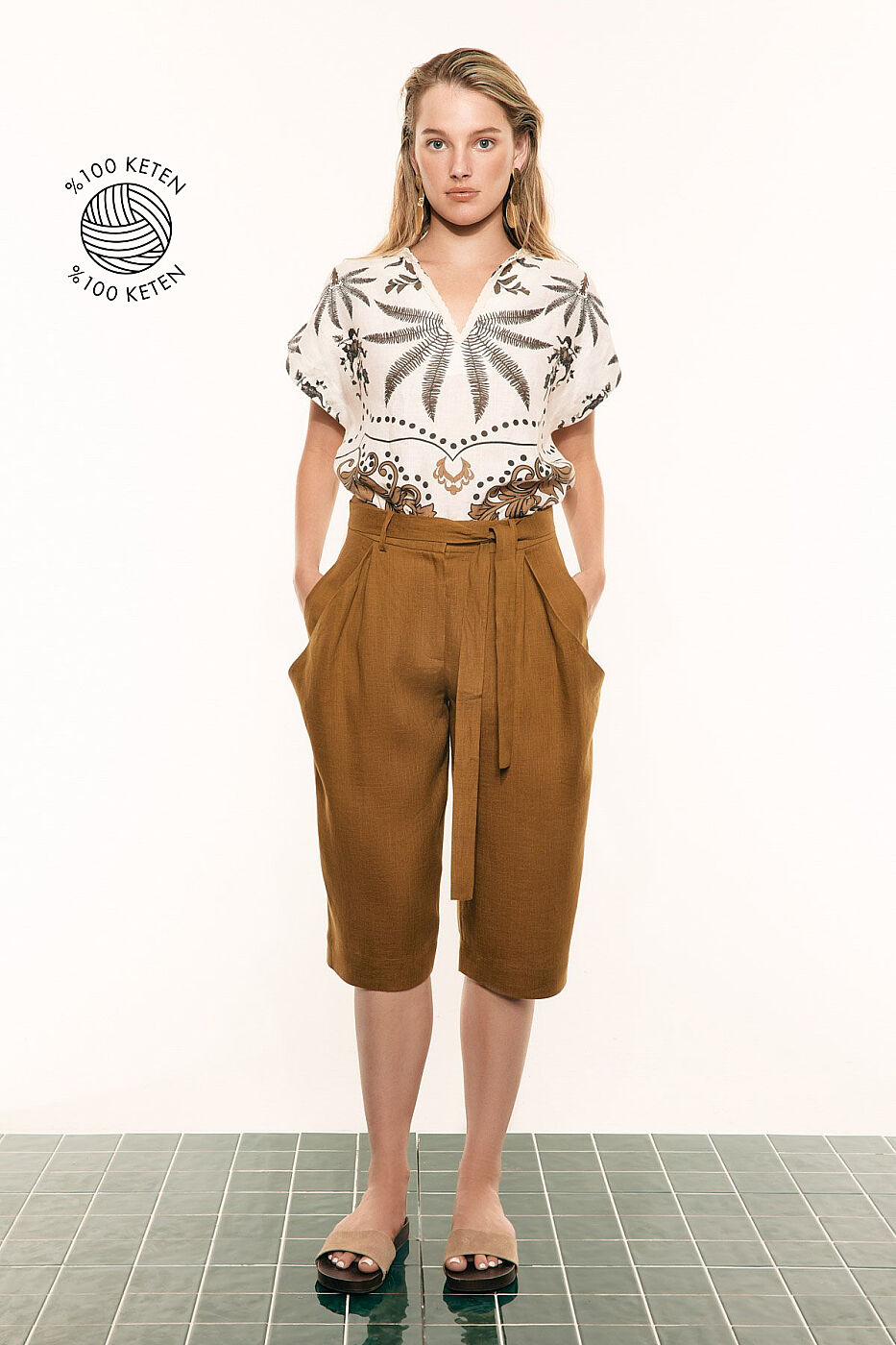 Cep Detaylı Keten Bermuda Şort Olive - 1