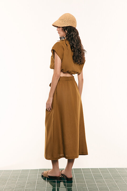 Cep Detaylı Keten Etek Olive - Roman (1)