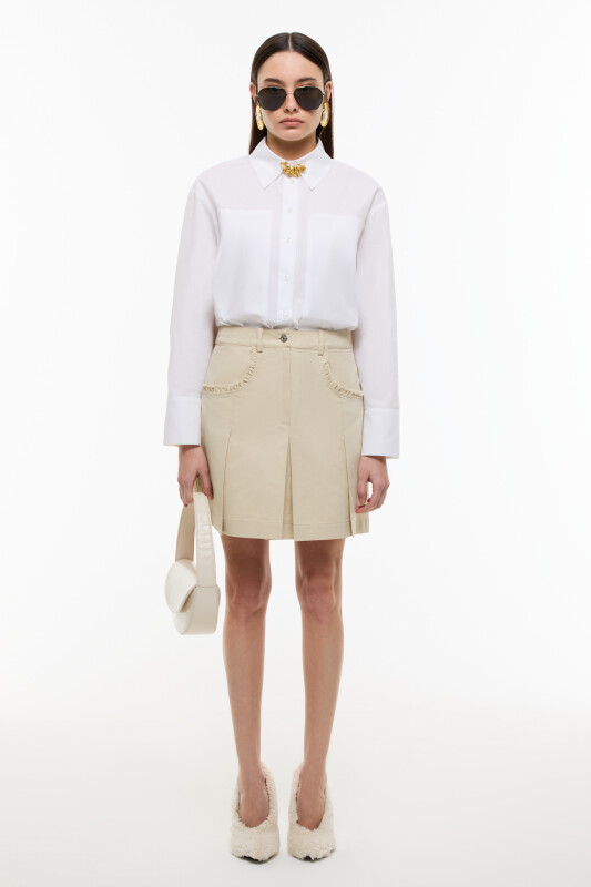 Cep Detaylı Pileli Mini Etek Bej - Roman