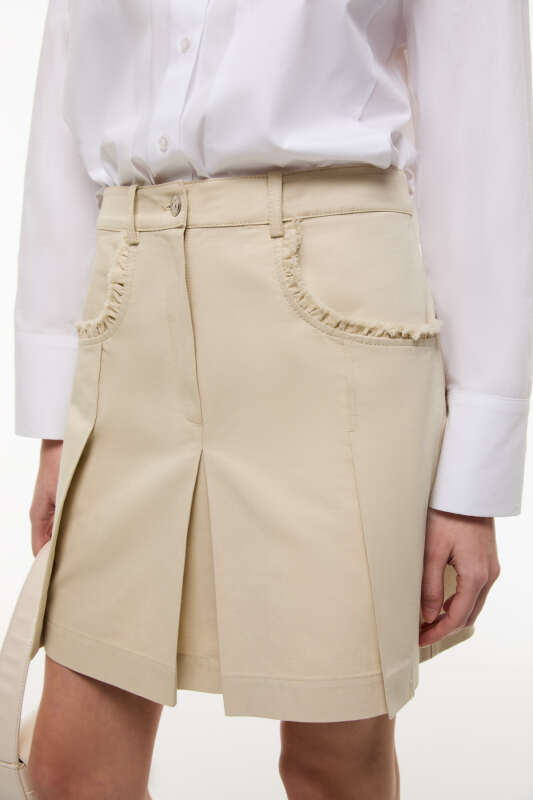 Cep Detaylı Pileli Mini Etek Bej - 3