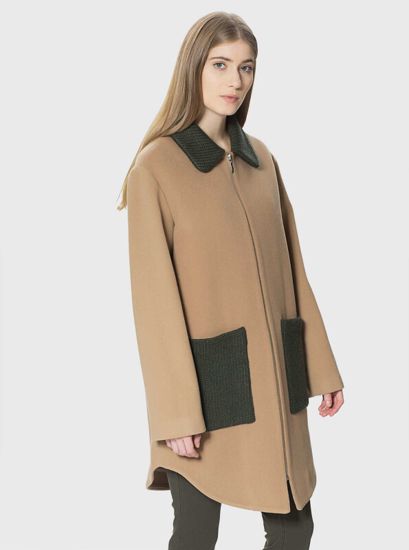  Cep Ve Yakaları Örgü Kadın Kaban Camel - 4