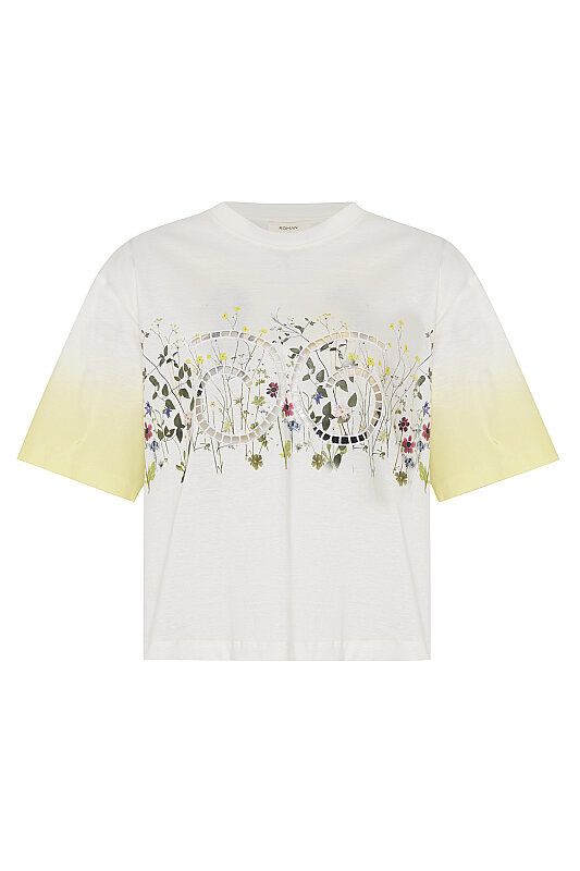 Çiçek Baskılı Nakışlı T-Shirt Ekru - 3