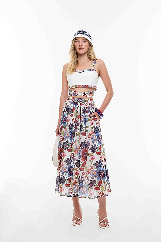 Çiçek Desenli Beli Lastikli Midi Boy Etek Standart Renk - Roman