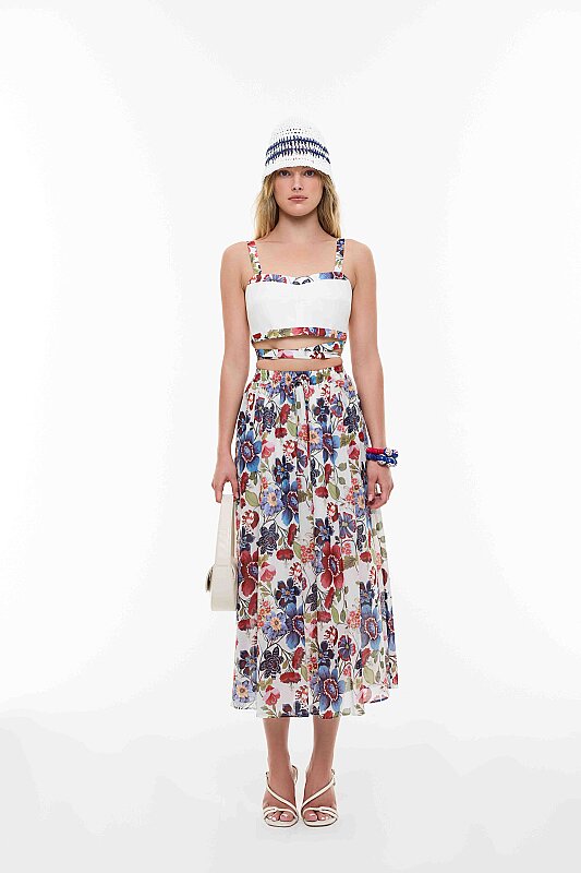 Çiçek Desenli Beli Lastikli Midi Boy Etek Standart Renk - 6