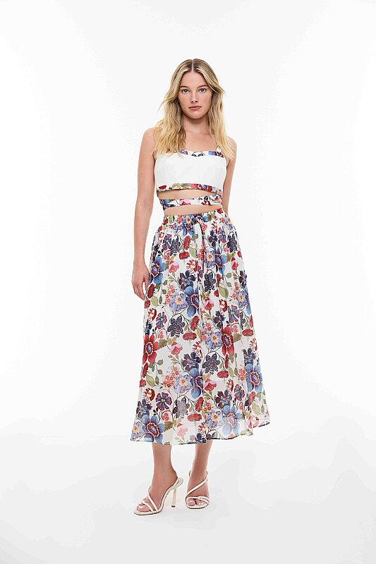 Çiçek Desenli Beli Lastikli Midi Boy Etek Standart Renk - 7