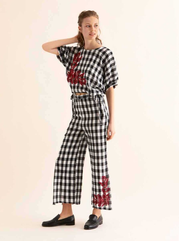 Çiçek Desenli Kareli Gömlek Siyah - 1