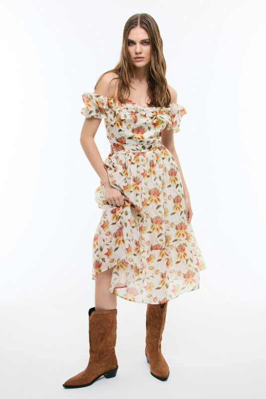 Çiçek Desenli Kayık Yaka Beli Kuşaklı Midi Boy Elbise Standart Renk - 3