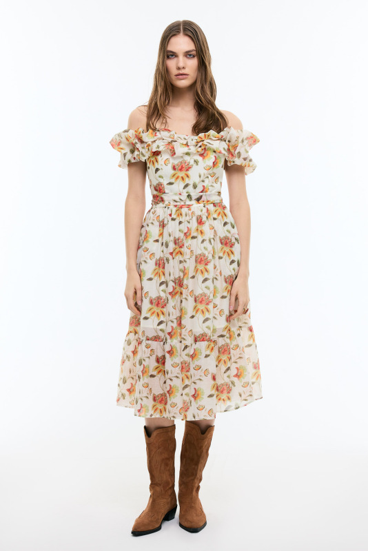 Çiçek Desenli Kayık Yaka Beli Kuşaklı Midi Boy Elbise Standart Renk - Roman