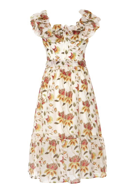 Çiçek Desenli Kayık Yaka Beli Kuşaklı Midi Boy Elbise Standart Renk - 6