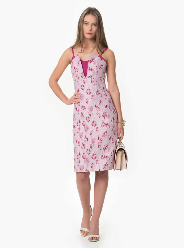 Çiçek Desenli Midi Elbise Pembe - 1