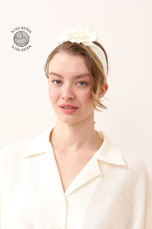 Çiçek Figürlü Keten Saç Aksesuarı Bej - 1