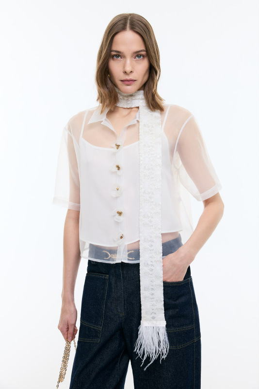 Çiçek Motifli Kısa Kol Organze Gömlek Beyaz - Roman