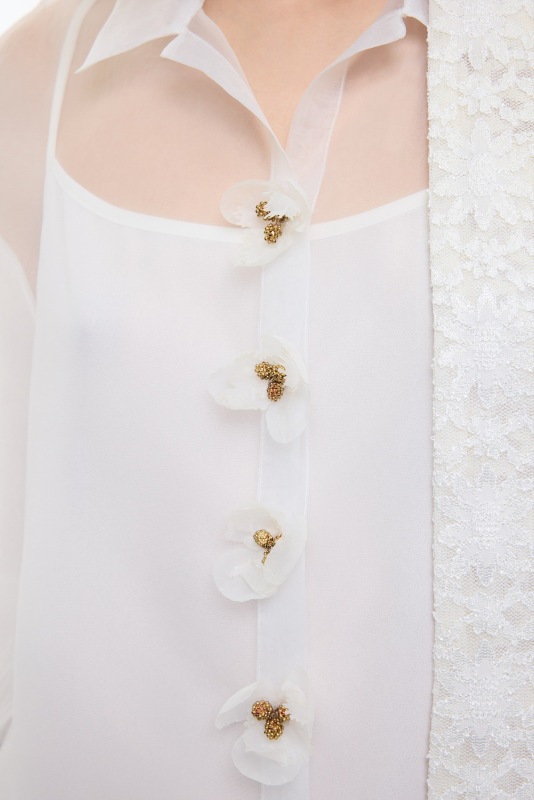 Çiçek Motifli Kısa Kol Organze Gömlek Beyaz - 3