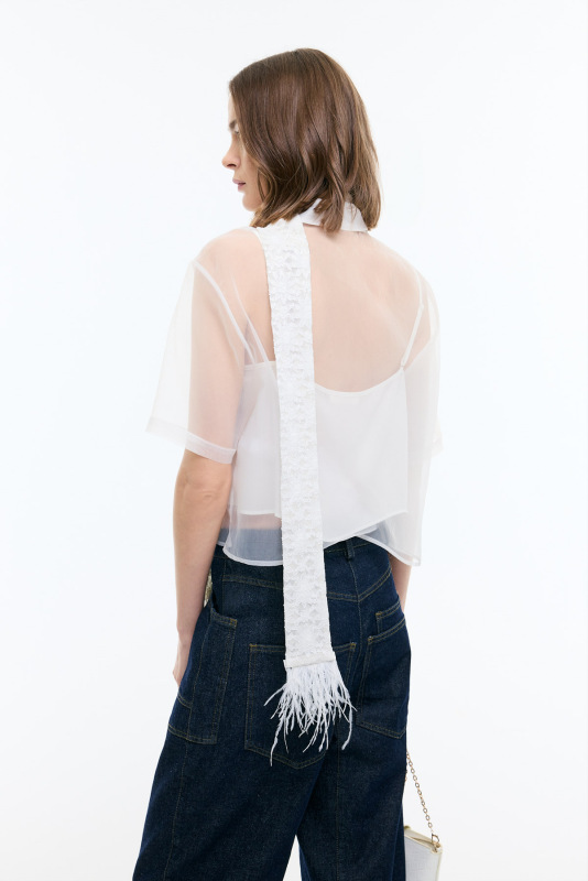 Çiçek Motifli Kısa Kol Organze Gömlek Beyaz - Roman (1)