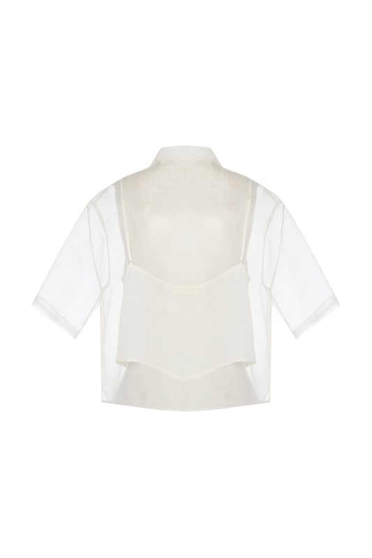Çiçek Motifli Kısa Kol Organze Gömlek Beyaz - 6