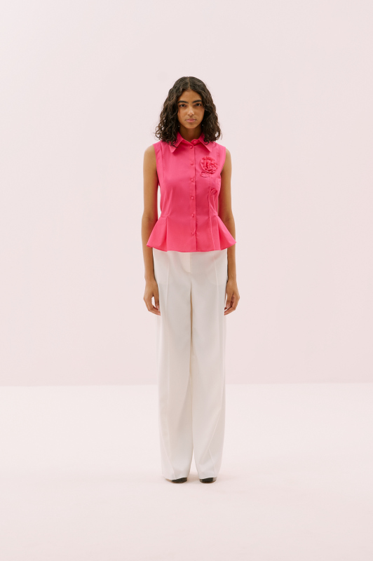 Çiçek Motifli Kolsuz Peplum Gömlek Fuşya - 5