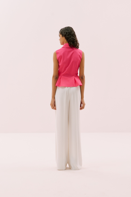 Çiçek Motifli Kolsuz Peplum Gömlek Fuşya - 4