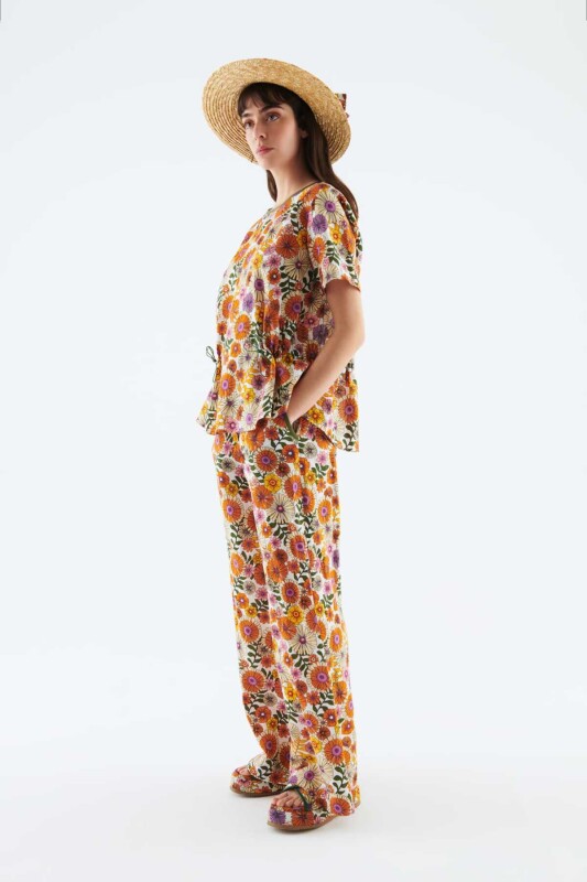 Çiçekli Desenli Geniş Paça Kadın Pantolon Standart Renk - 3