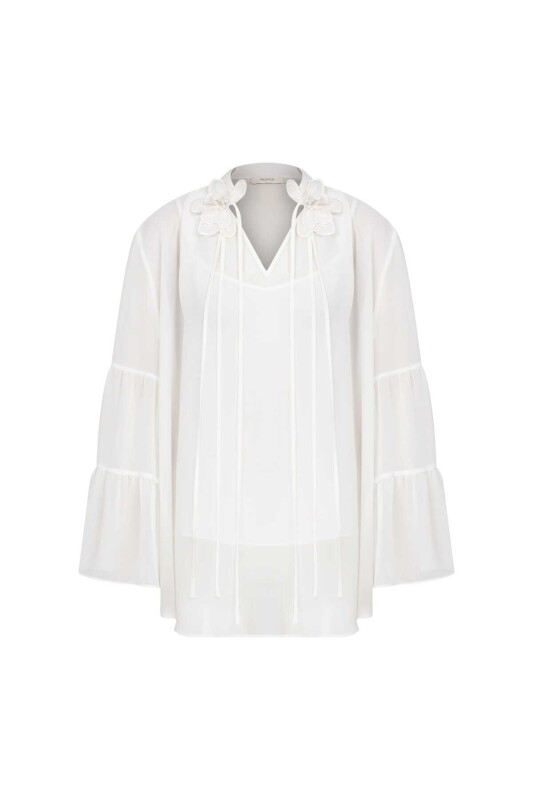  Çiçekli Nakış Detaylı Salaş Bluz Kemik - 3