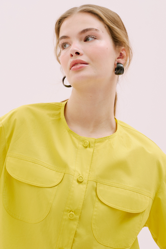 Çift Cepli Bisiklet Yaka Kısa Kollu Gömlek Sarı - Roman (1)