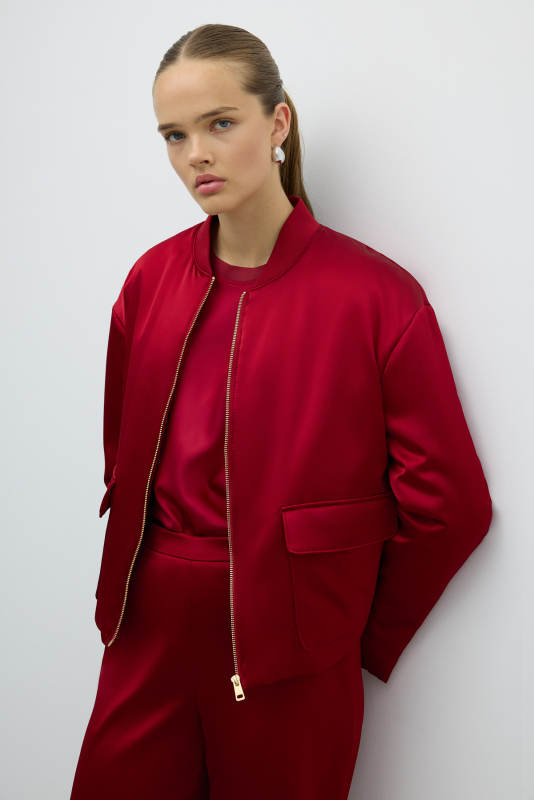 Çift Cepli Dolgulu Saten Mont Bordo - 3