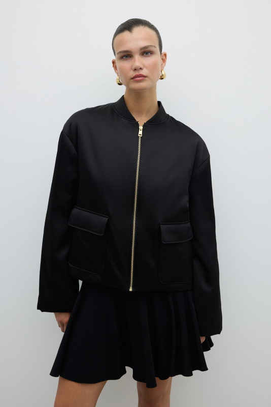 Çift Cepli Dolgulu Saten Mont Siyah - 1