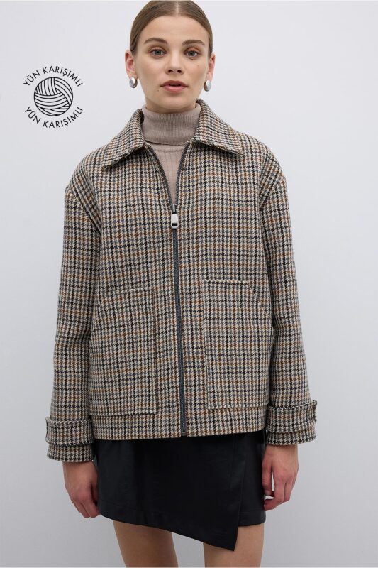 Çift Çepli Fermuarlı Yün Karışımlı Mont Standart Renk - 1