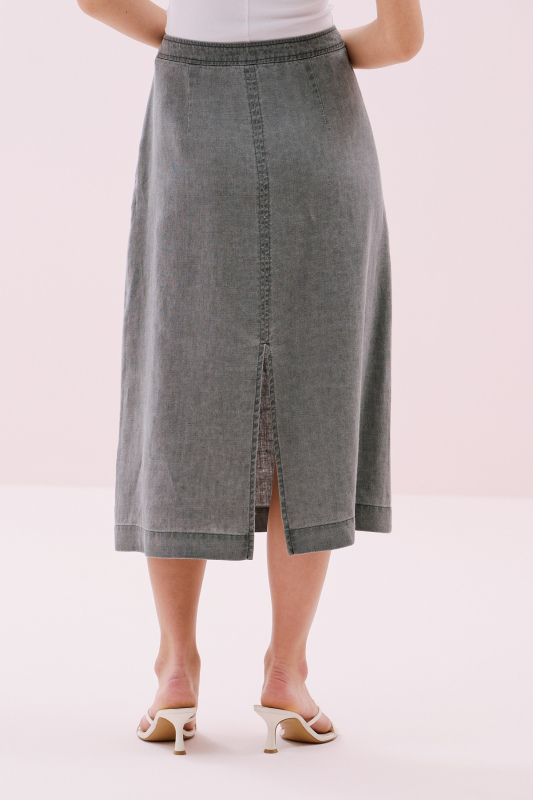 Çift Cepli Ön-Arka Yırtmaçlı Keten Midi Boy Etek Antrasit - 3