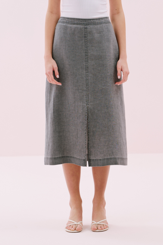 Çift Cepli Ön-Arka Yırtmaçlı Keten Midi Boy Etek Antrasit - 4