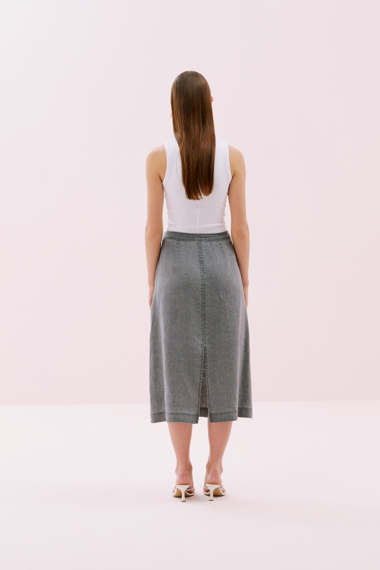 Çift Cepli Ön-Arka Yırtmaçlı Keten Midi Boy Etek Antrasit - Roman (1)