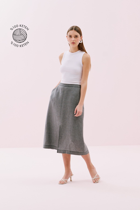 Çift Cepli Ön-Arka Yırtmaçlı Keten Midi Boy Etek Antrasit - Roman