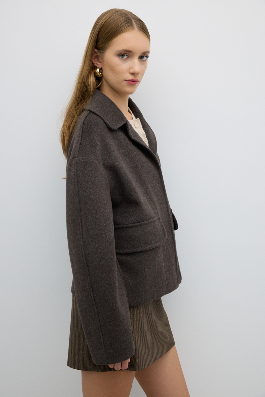Çift Cepli Önden Çıtçıtlı Yün Karışımlı Mont Kahve - 5