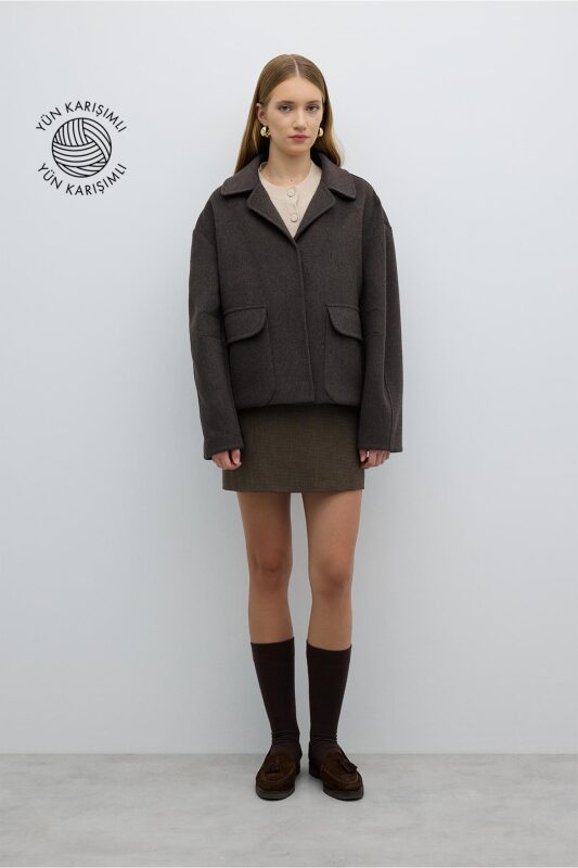 Çift Cepli Önden Çıtçıtlı Yün Karışımlı Mont Kahve - 1