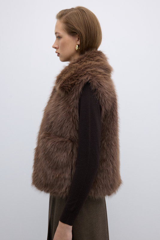 Çift Cepli Peluş Yelek Kahve - 6