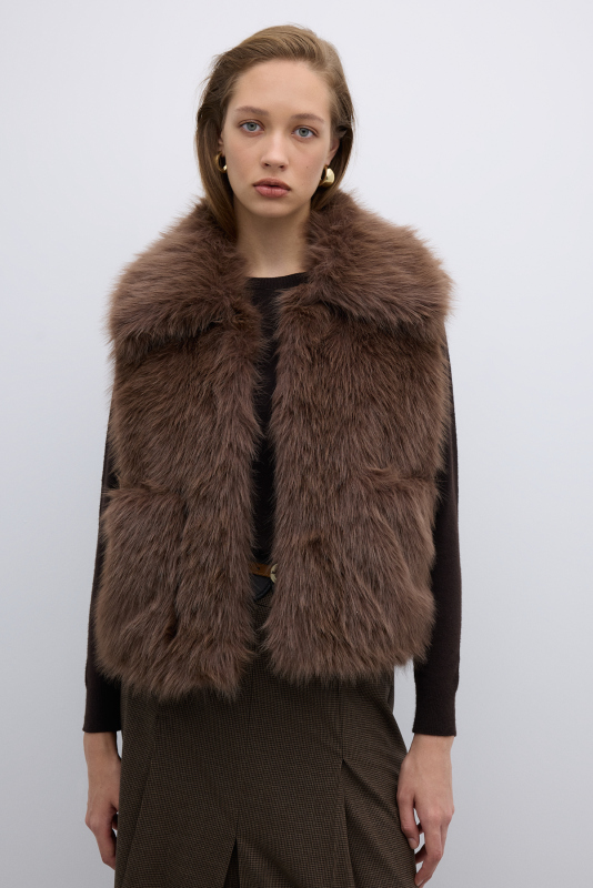 Çift Cepli Peluş Yelek Kahve - 1