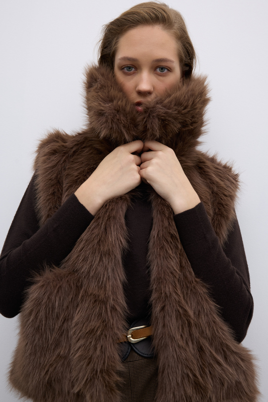 Çift Cepli Peluş Yelek Kahve - 4