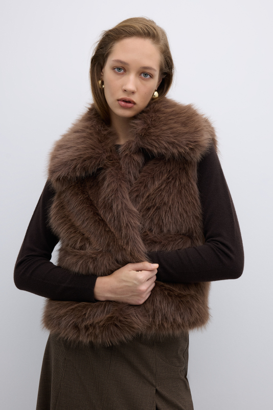 Çift Cepli Peluş Yelek Kahve - 3