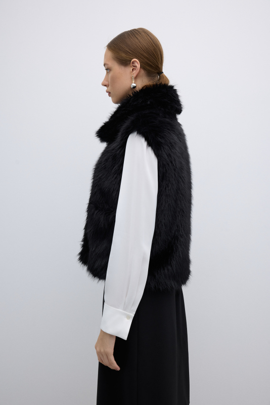 Çift Cepli Peluş Yelek Siyah - 3