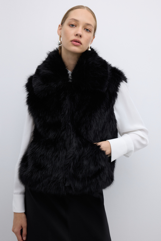 Çift Cepli Peluş Yelek Siyah 