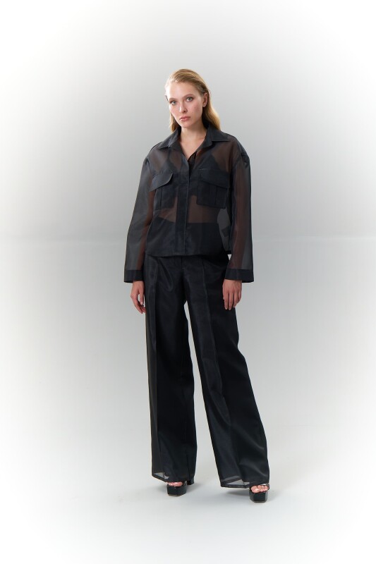Çift Cepli Uzun Kollu Organze Gömlek Siyah - 3
