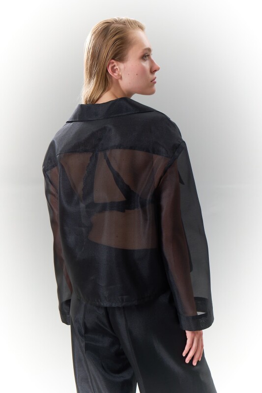 Çift Cepli Uzun Kollu Organze Gömlek Siyah - Roman (1)