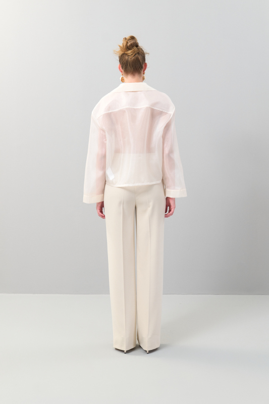 Çift Cepli Uzun Kollu Organze Gömlek Vanilya - 2