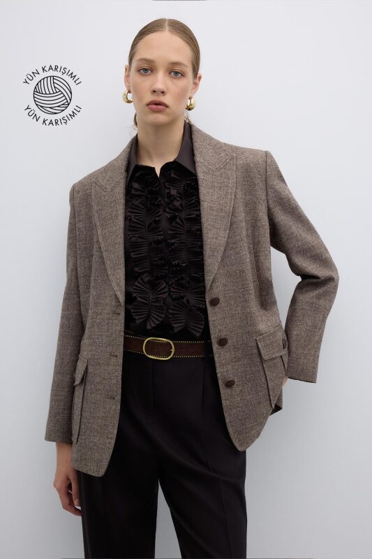 Çift Cepli Yün Karışımlı Ceket Kahve - 1