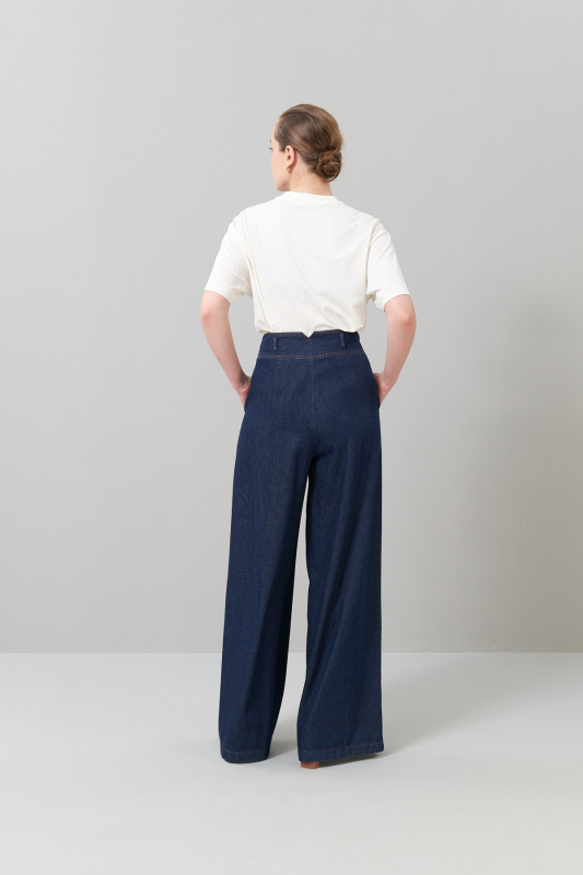 Çift Düğmeli Geniş Paça Denim Pantolon Lacivert - Roman (1)