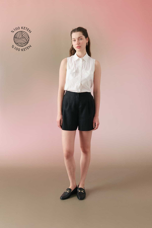 Çift Pileli Keten Şort Siyah - Roman