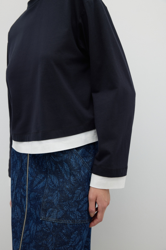 Çift Renk Bisiklet Yaka Uzun Kol T-shirt Lacivert - 4