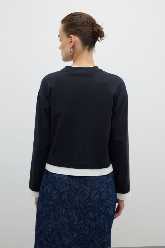 Çift Renk Bisiklet Yaka Uzun Kol T-shirt Lacivert - 2