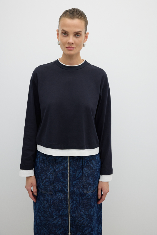 Çift Renk Bisiklet Yaka Uzun Kol T-shirt Lacivert - 1