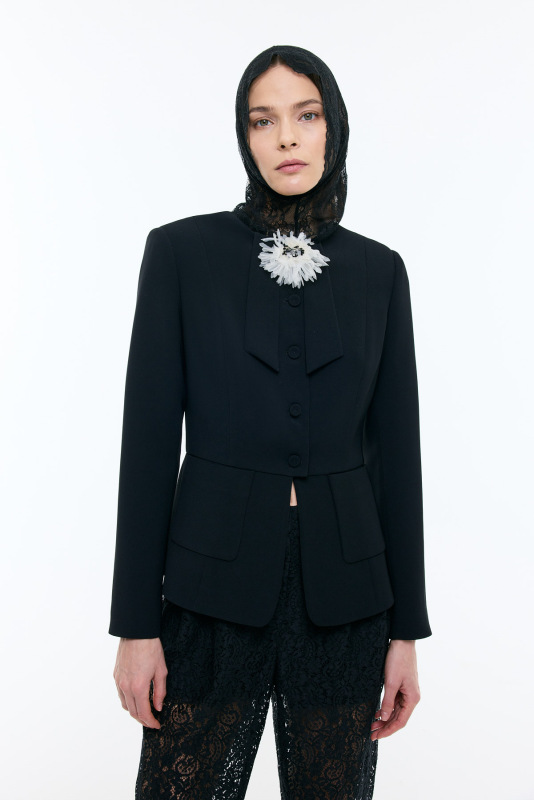 Çıkarılabilir Broş Detaylı Bele Oturan Çift Cepli Ceket Siyah - Roman