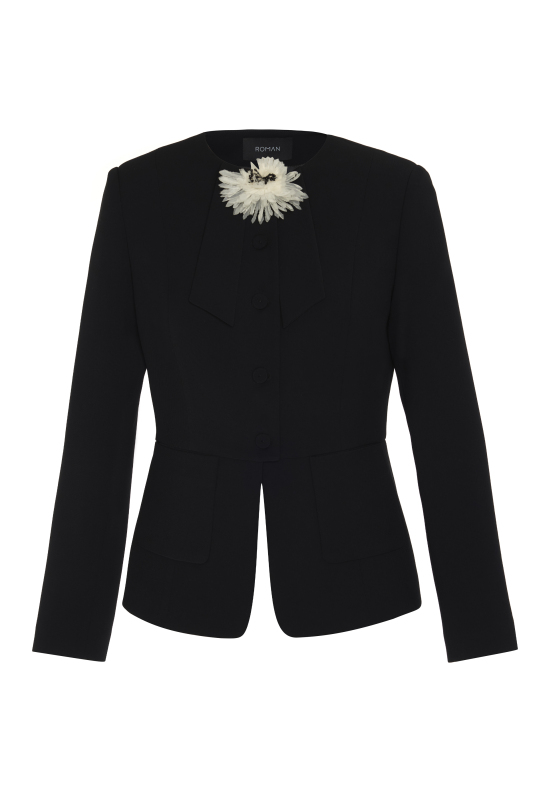 Çıkarılabilir Broş Detaylı Bele Oturan Çift Cepli Ceket Siyah - 6